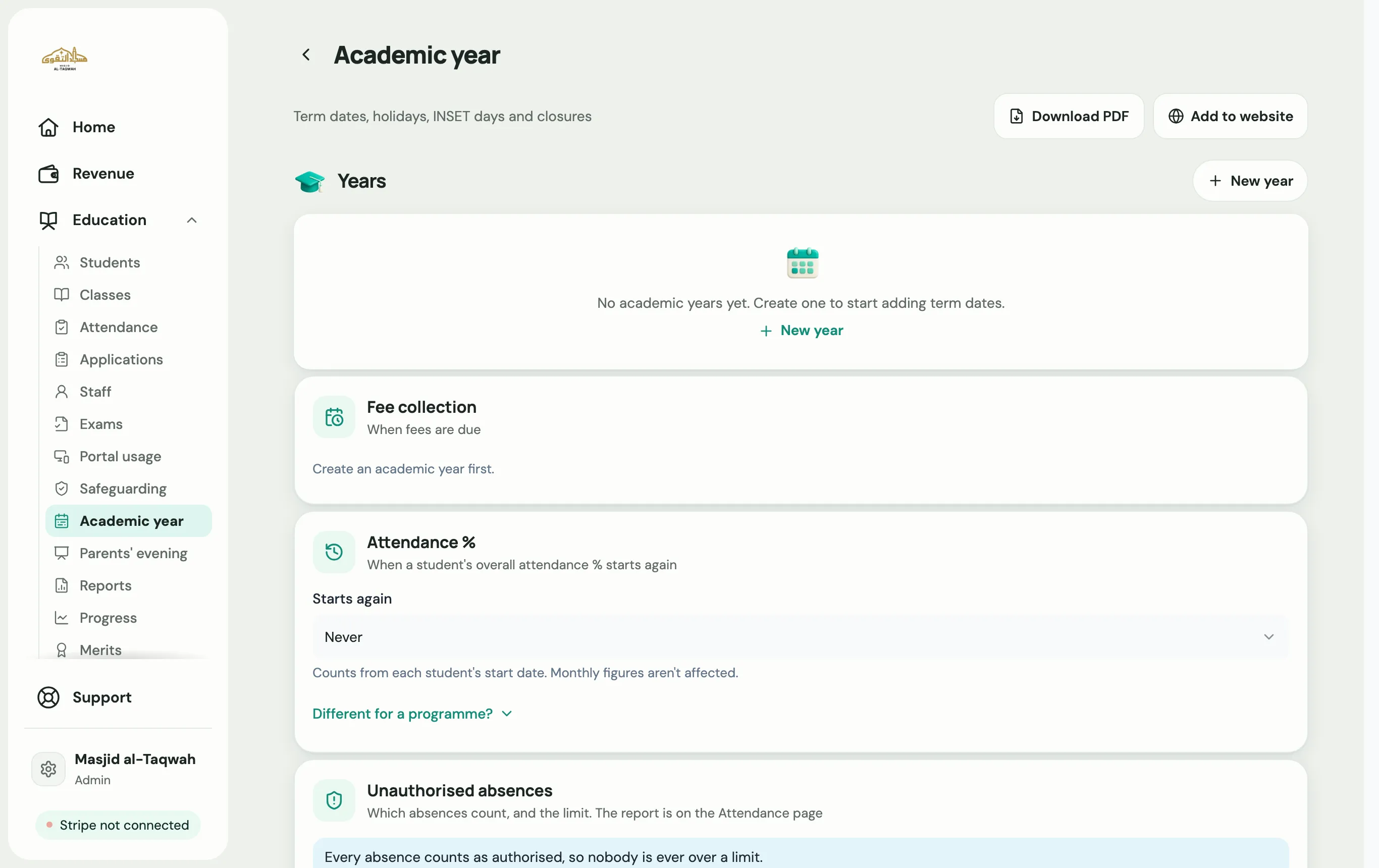 The Academic year page with terms and holidays listed