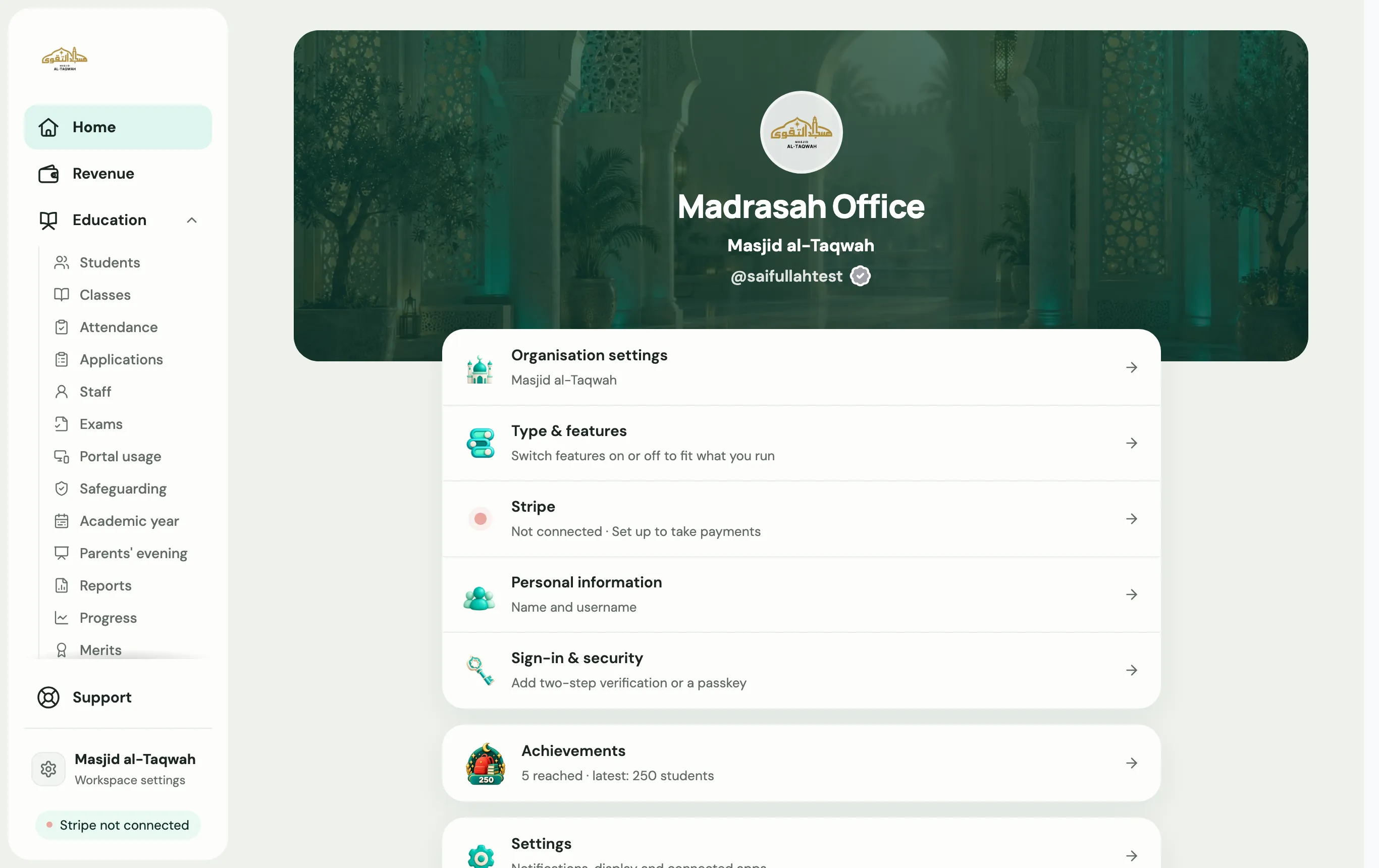 The Account page, with Organisation settings, Type & features, Stripe and the other settings