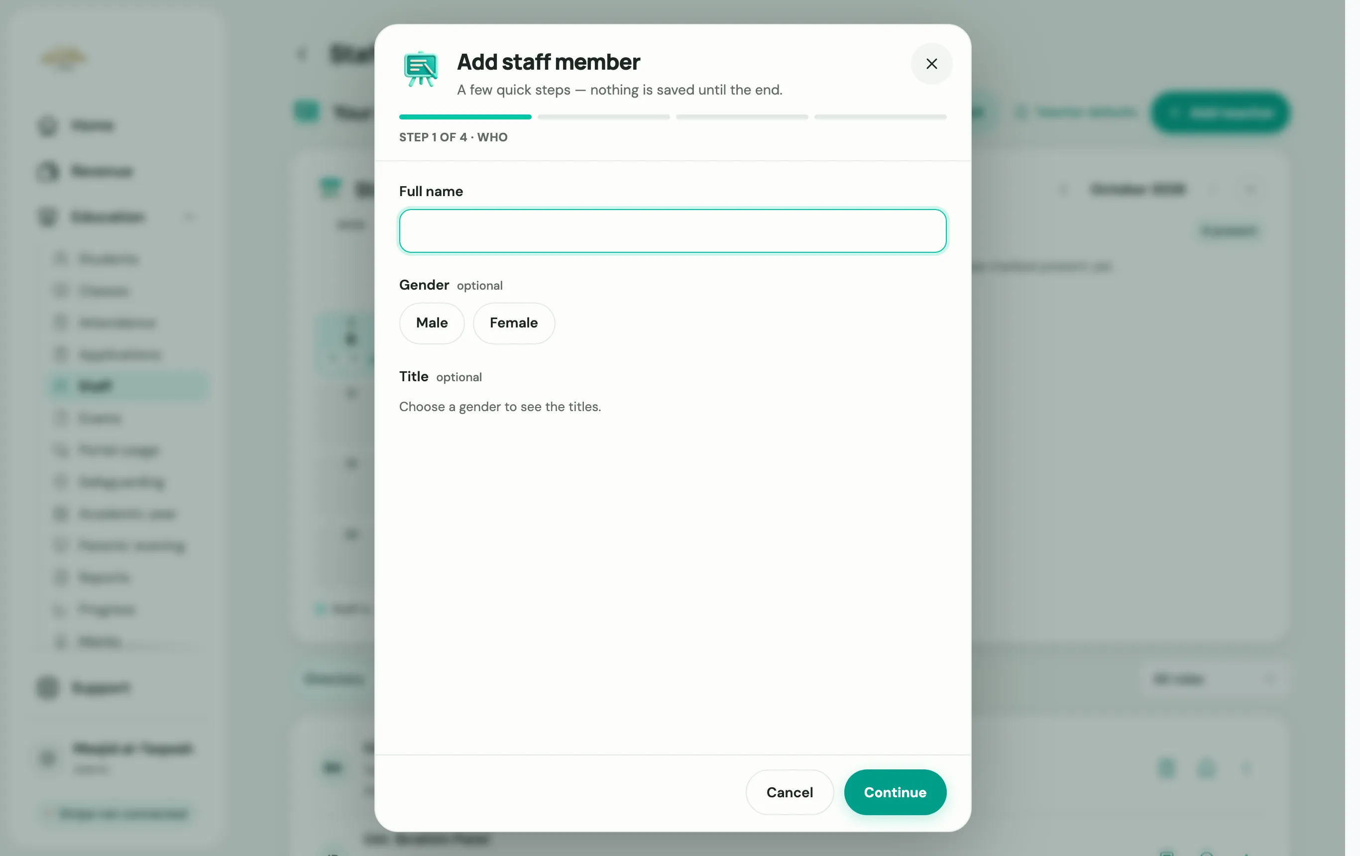The Add staff member steps: Who, Role and access, Classes, Permissions and review