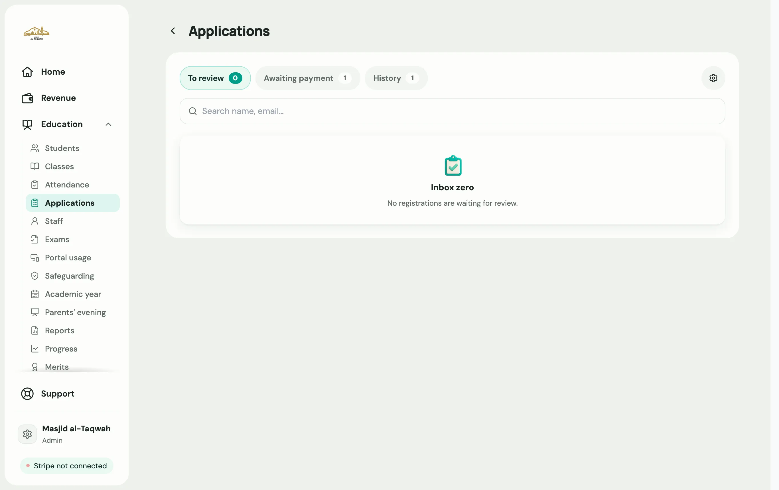 The Applications page with applications waiting for review