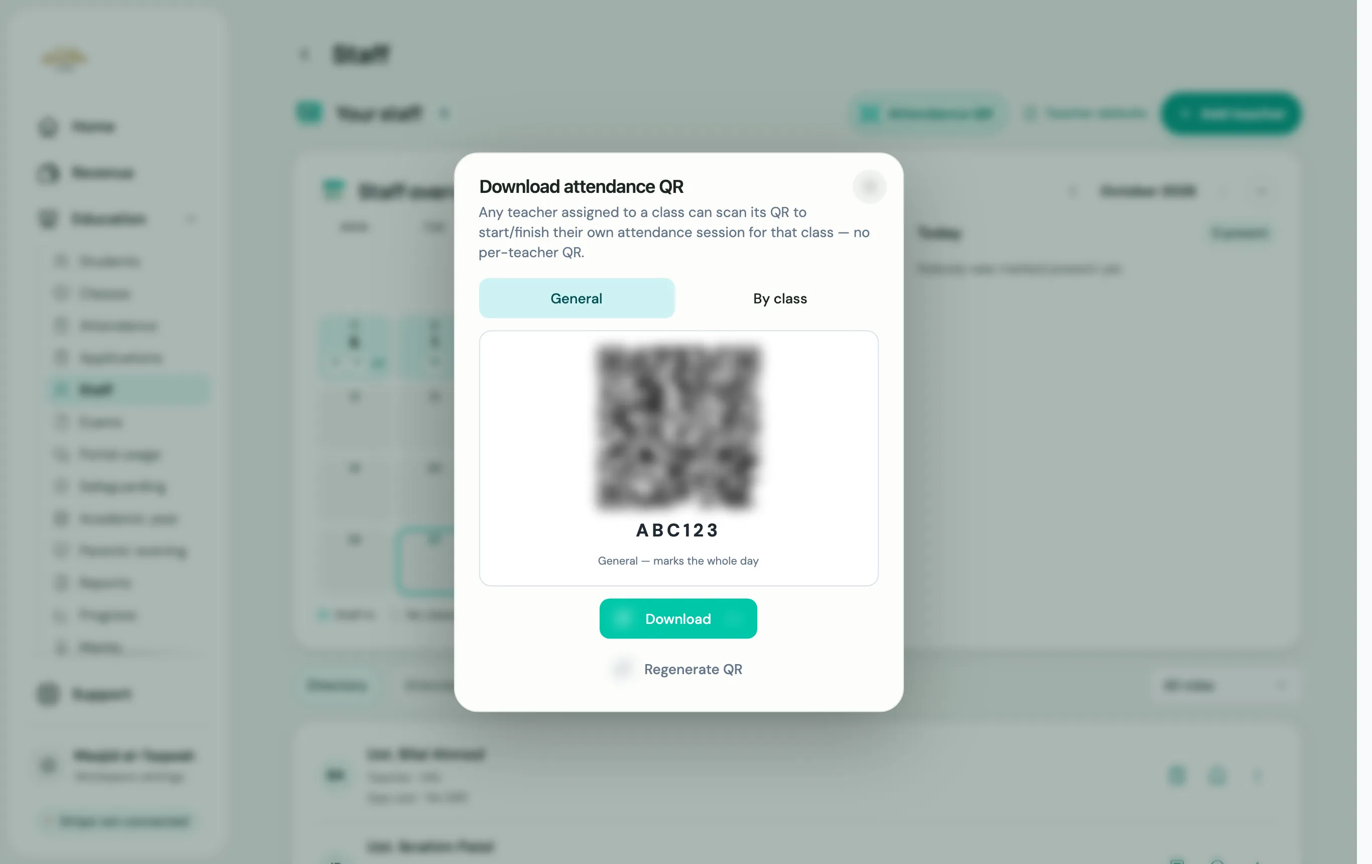 The Download attendance QR window, with General or By class and the Download button