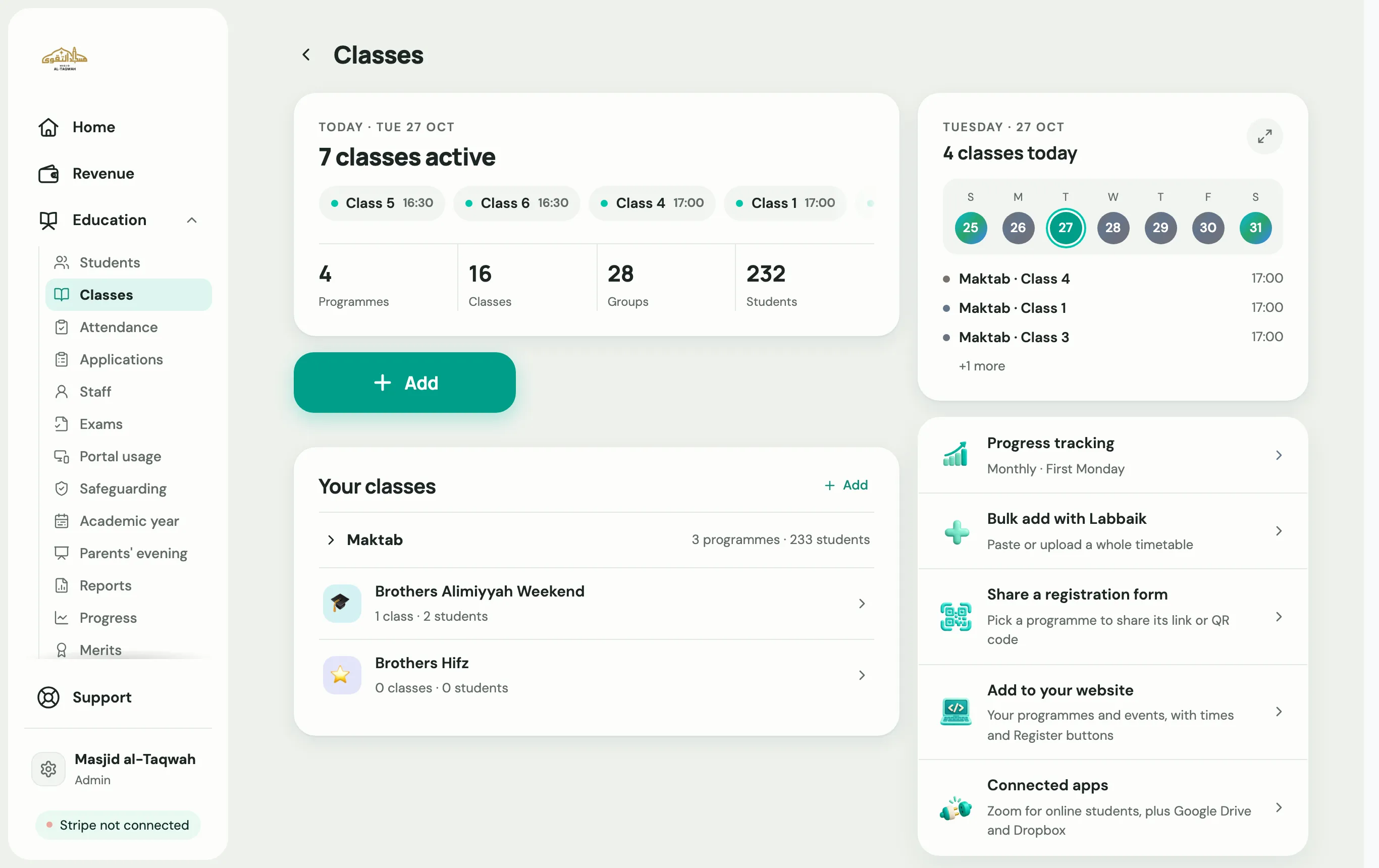 The Classes page, with classes grouped by category