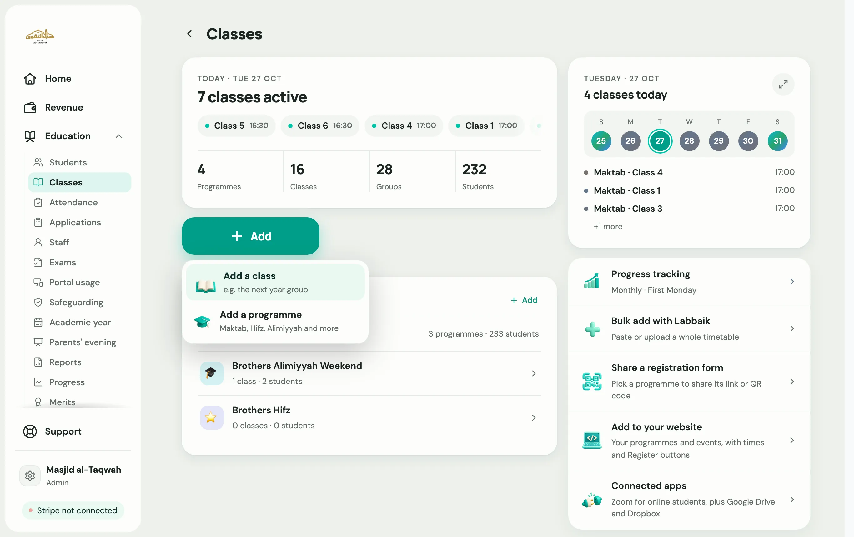The Add menu, offering Add a class or Add a programme