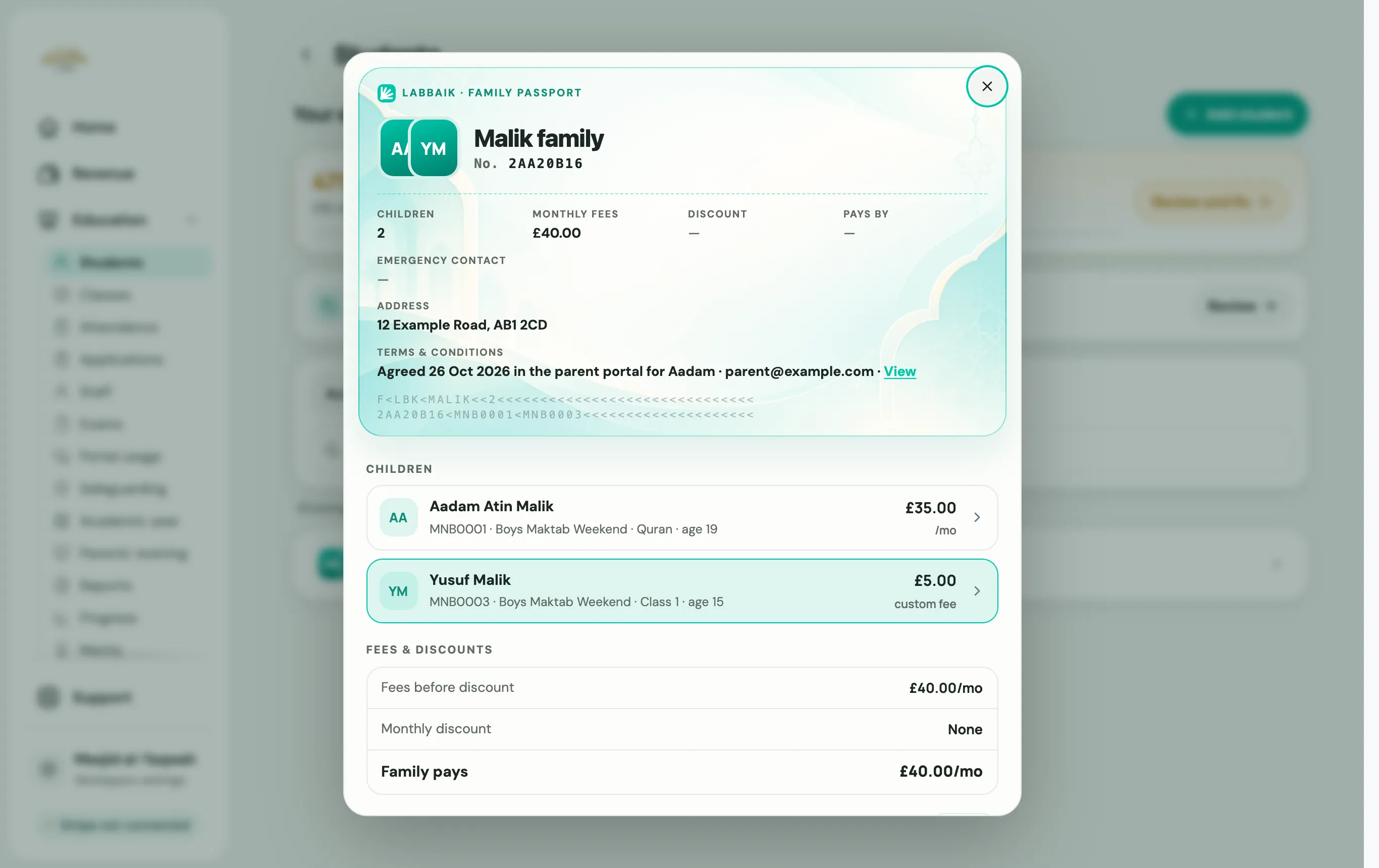 A family passport, showing the family's children, monthly fees, discount and contacts