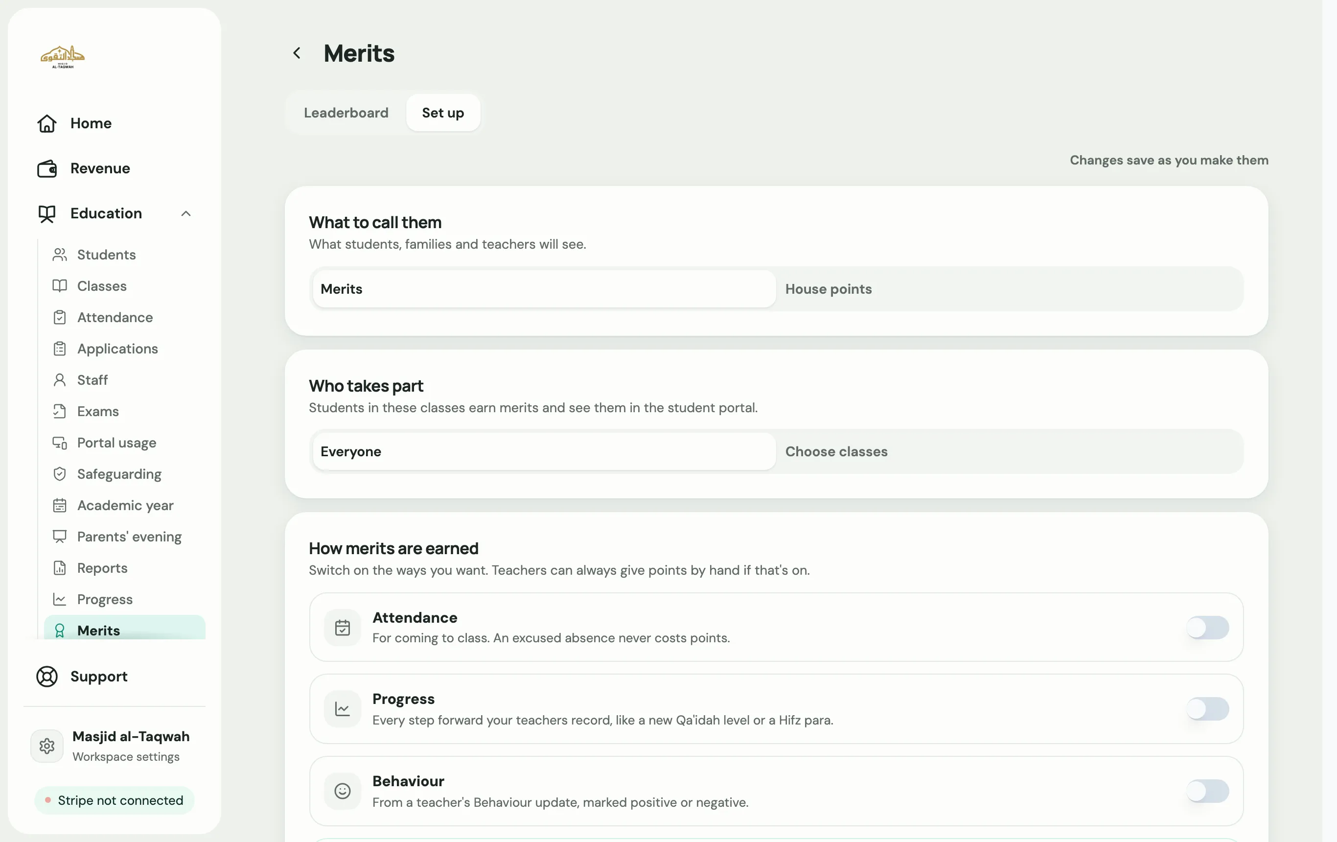 The merits Set up tab: what to call them, who takes part, and how merits are earned