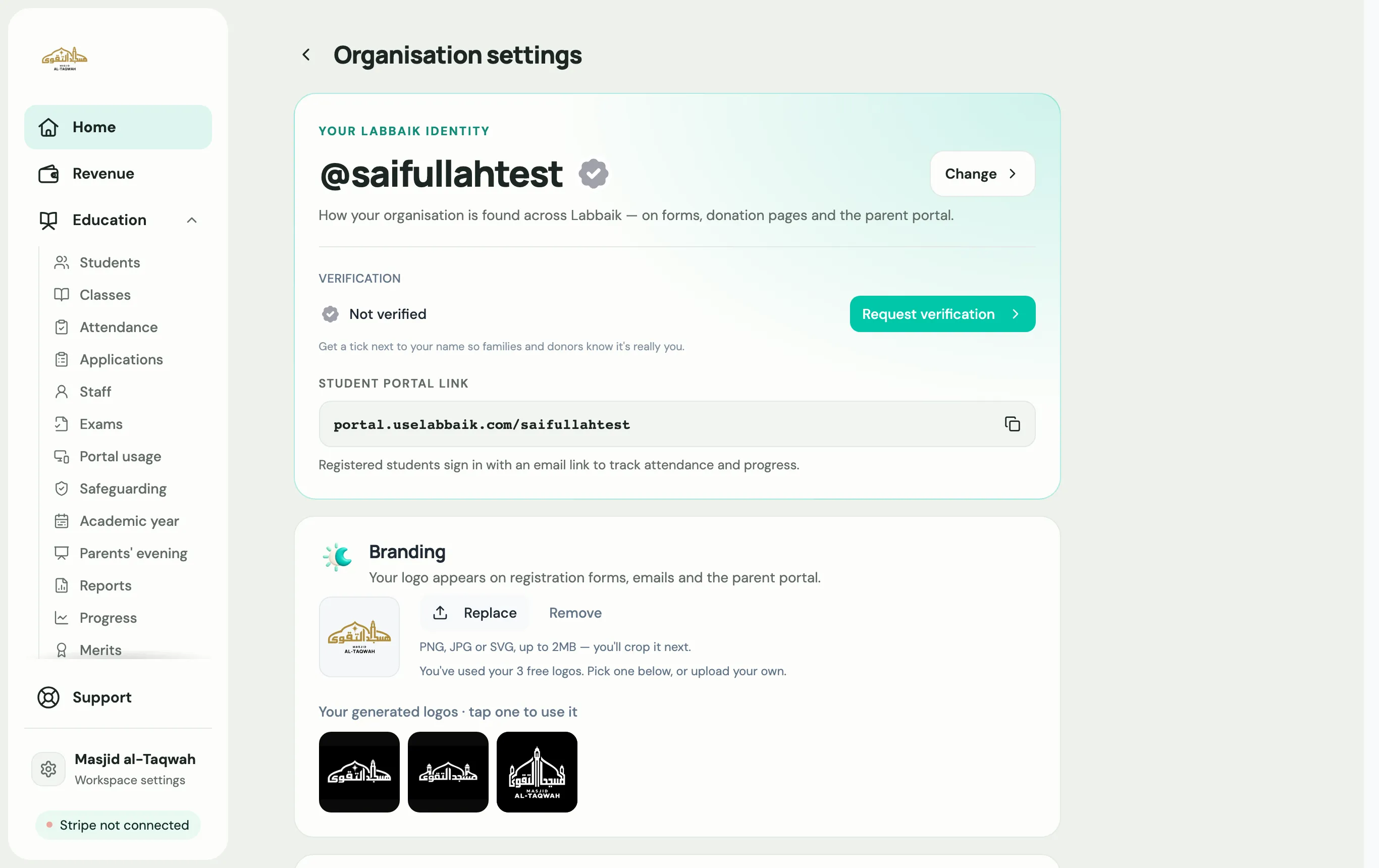 Organisation settings, with your username, logo and organisation details