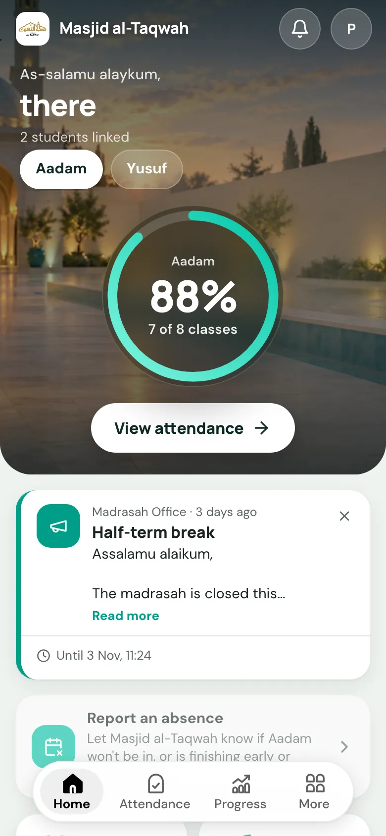 The parent portal Home screen on a phone