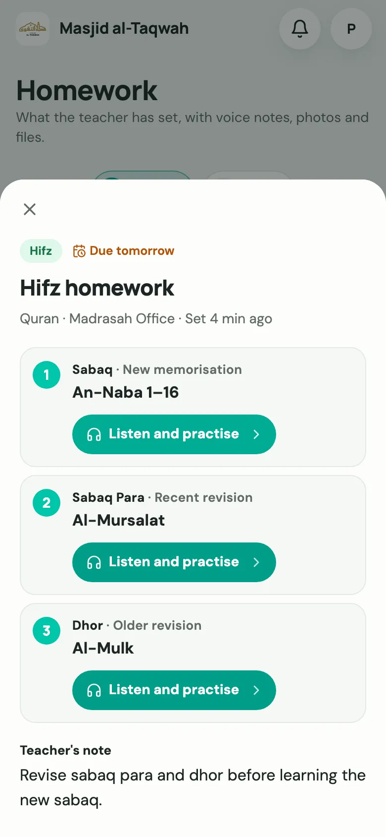 Hifz homework: Sabaq An-Naba 1–16, Sabaq Para Al-Mursalat and Dhor Al-Mulk, each with Listen and practise