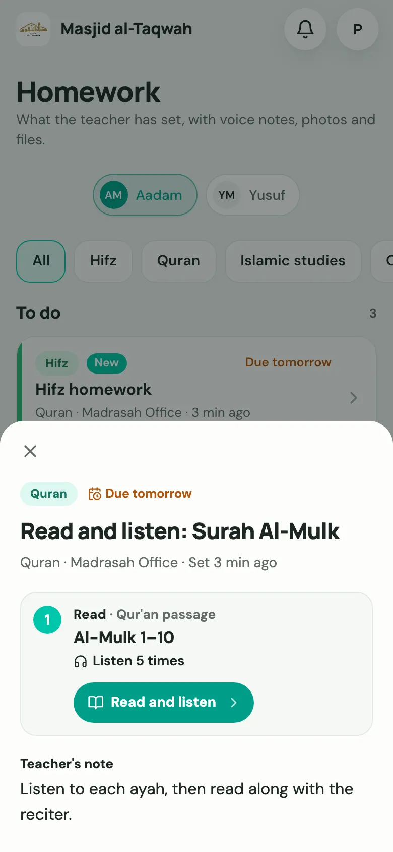 Qur'an homework: Read Al-Mulk 1–10, Listen 5 times, with a Read and listen button
