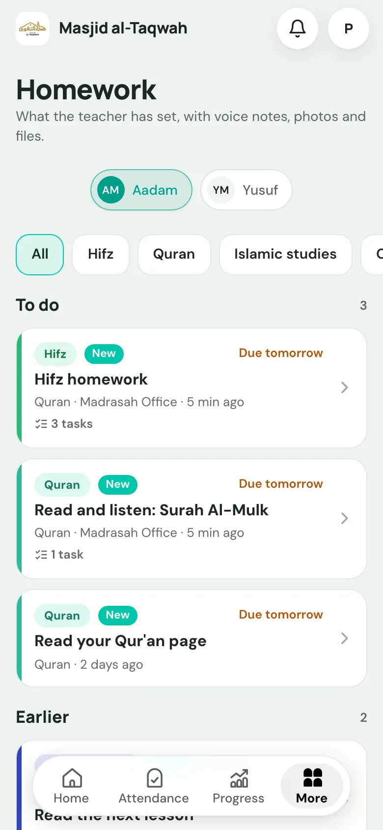 The Homework page in the parent portal, with Hifz and Qur'an homework due tomorrow
