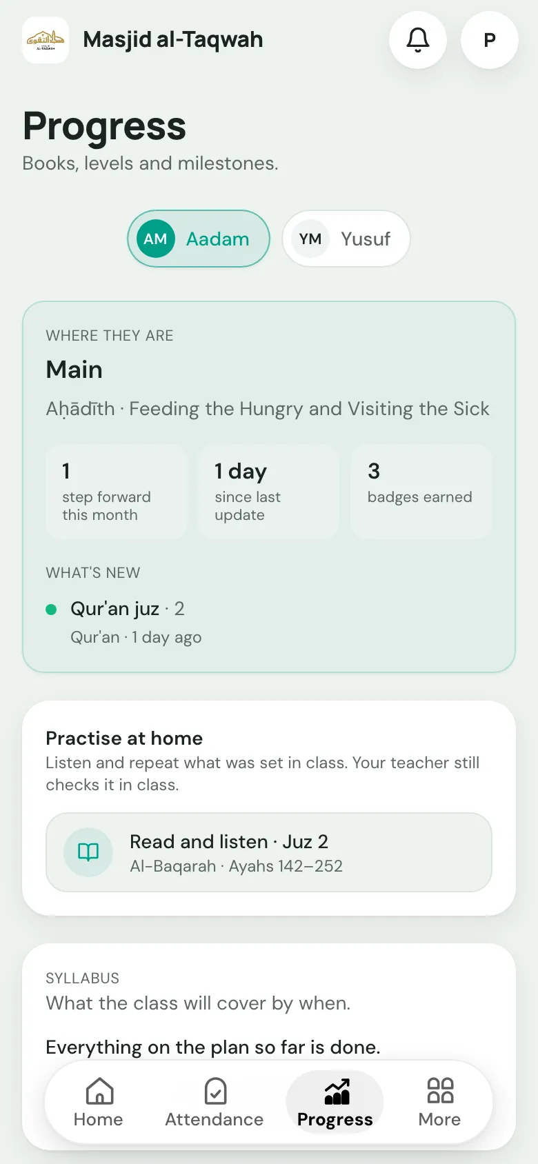The Progress page in the parent portal