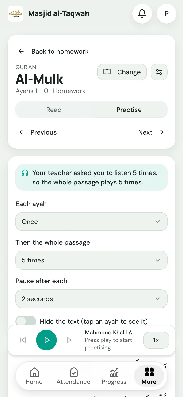 The Qur'an Companion opened from homework, showing the teacher's listen target for Al-Mulk 1–10