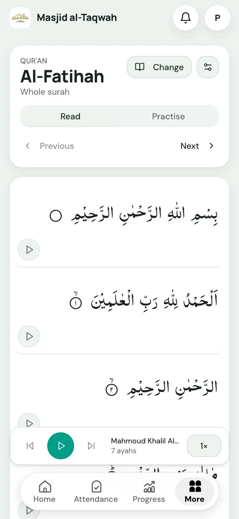 The Qur'an Companion in the parent portal, showing Al-Fatihah with Read and Practise, and the audio player