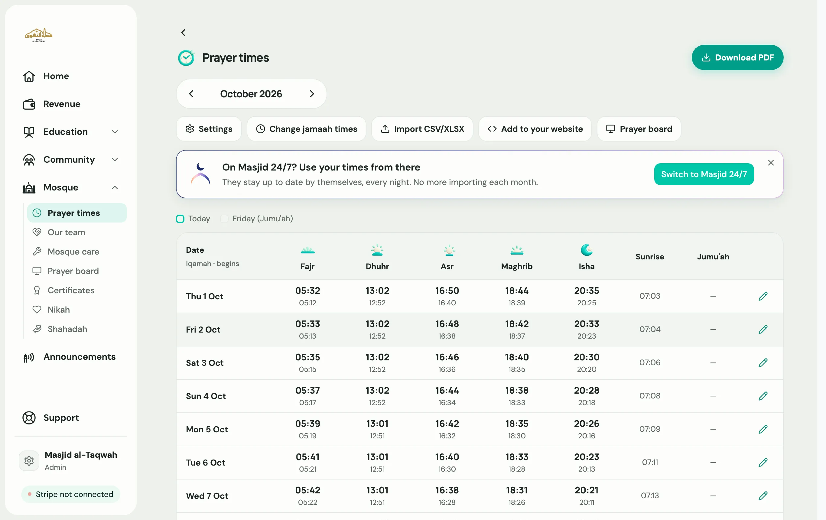 The Prayer times page