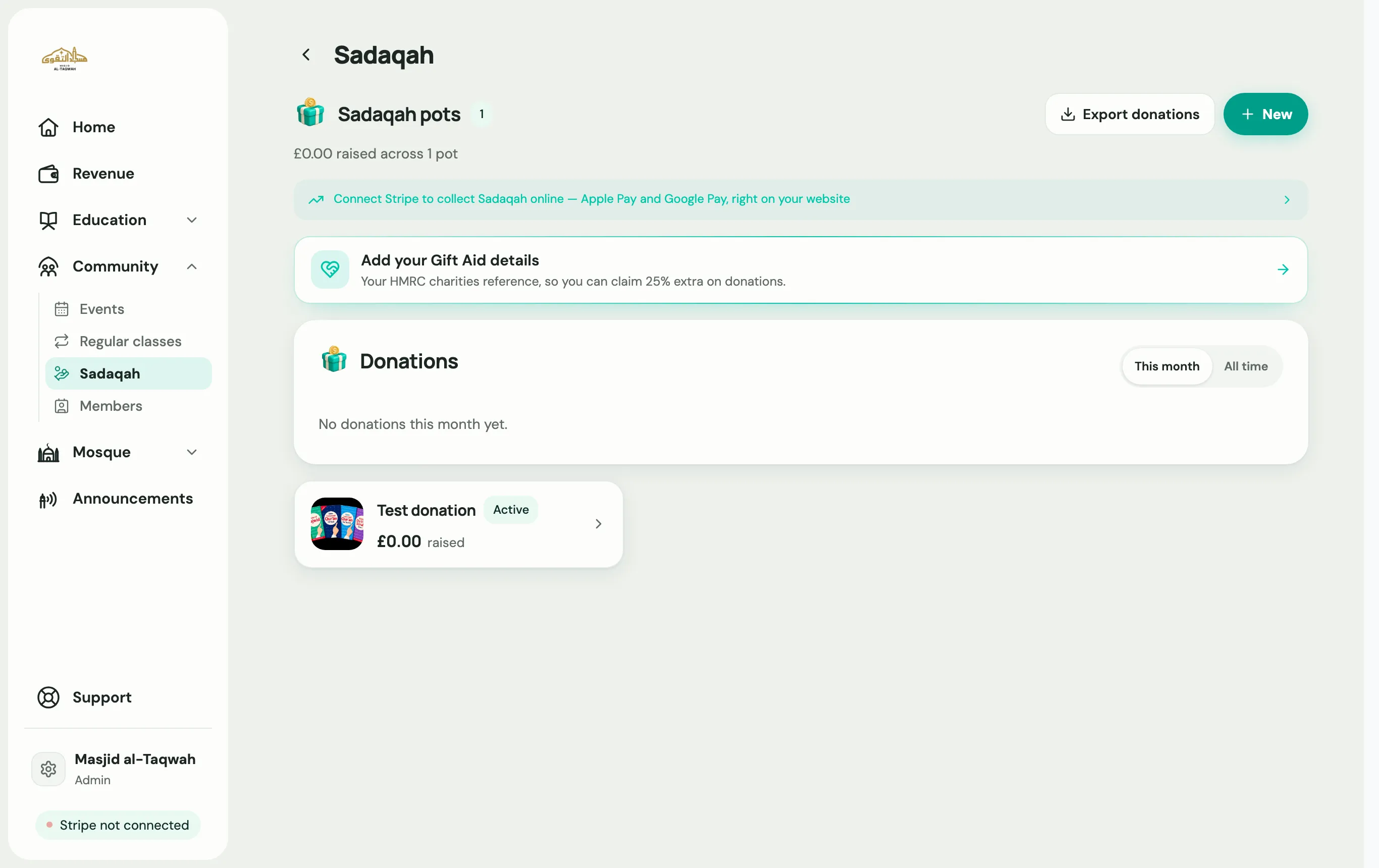 The Sadaqah page with donation pots