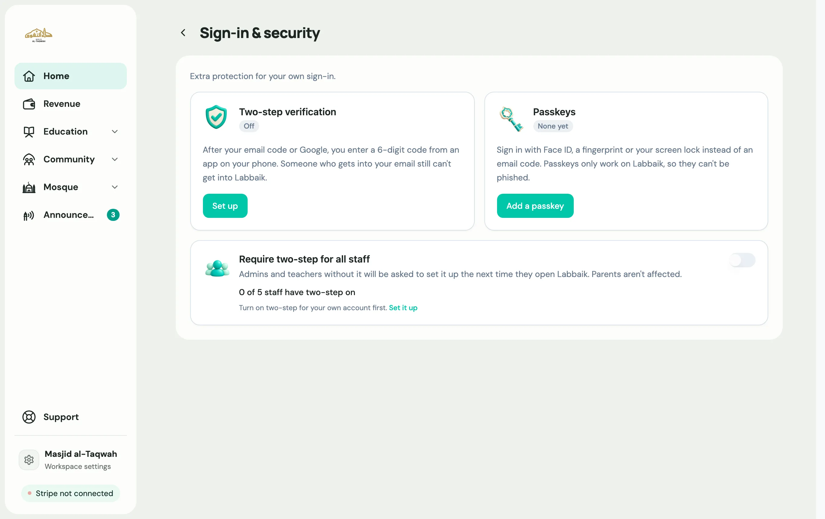 The Sign-in and security page, with Two-step verification and Passkeys