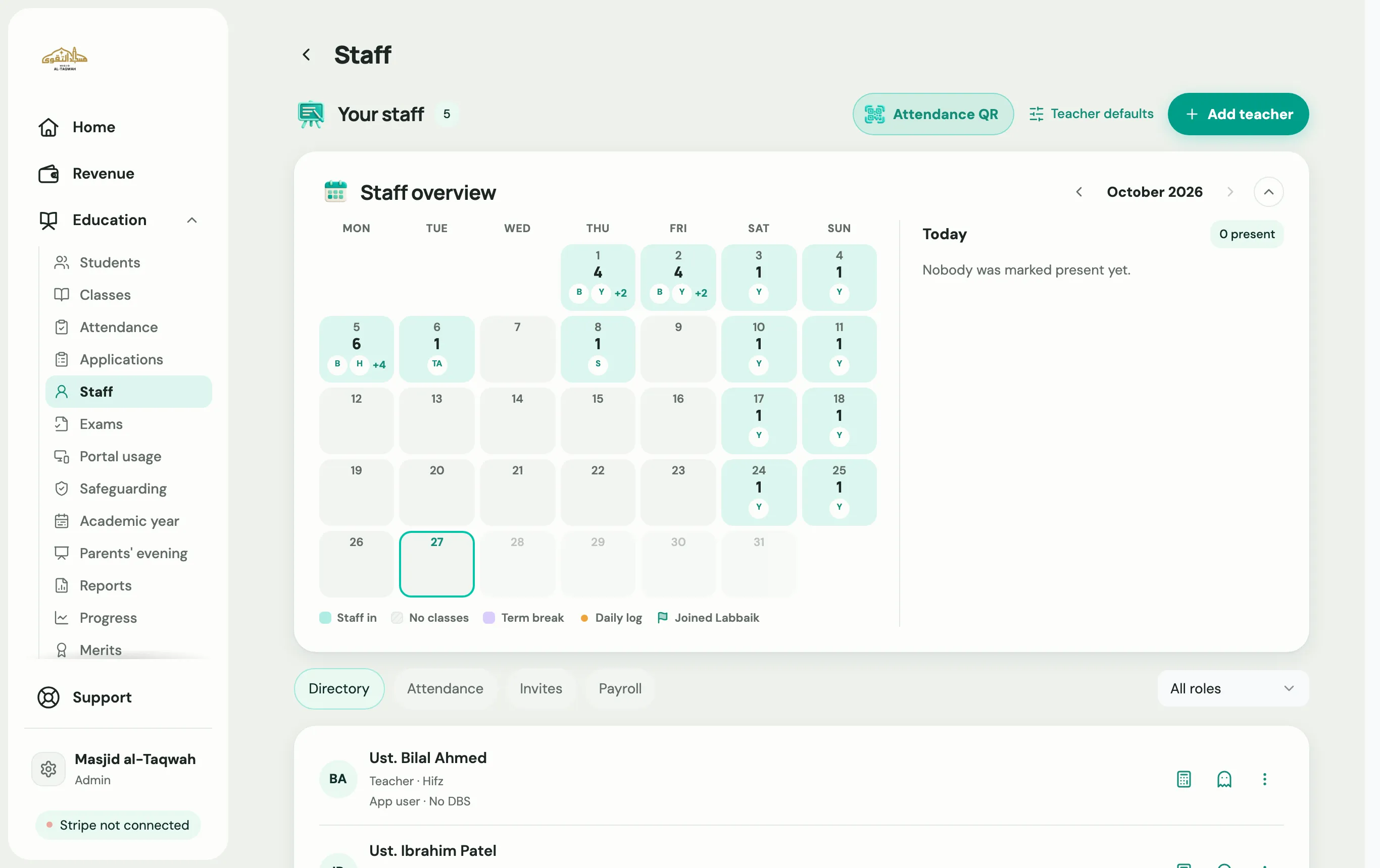 The Staff page listing teachers and admins