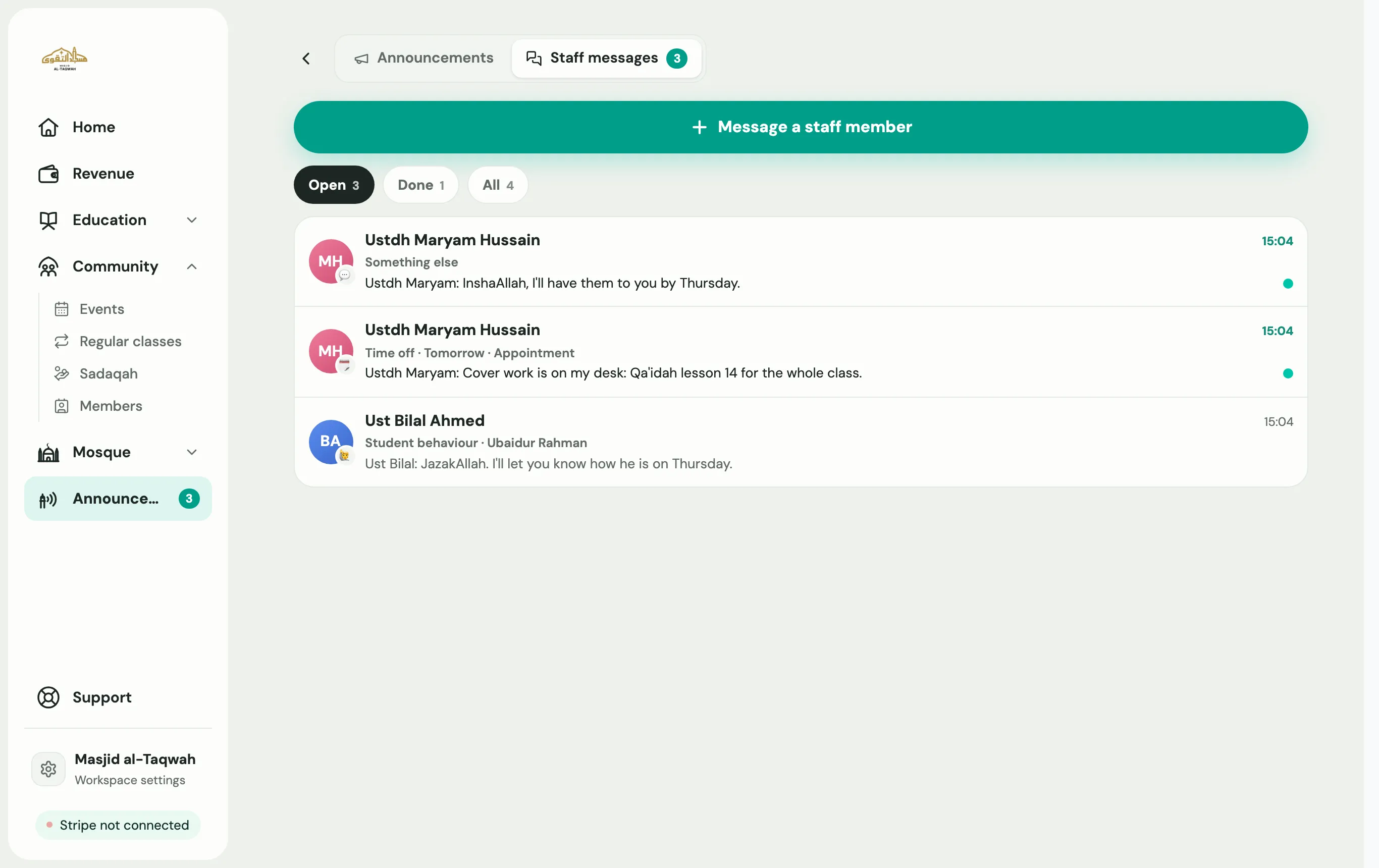 The office's Staff messages inbox, with open conversations about time off, a student's behaviour and progress notes