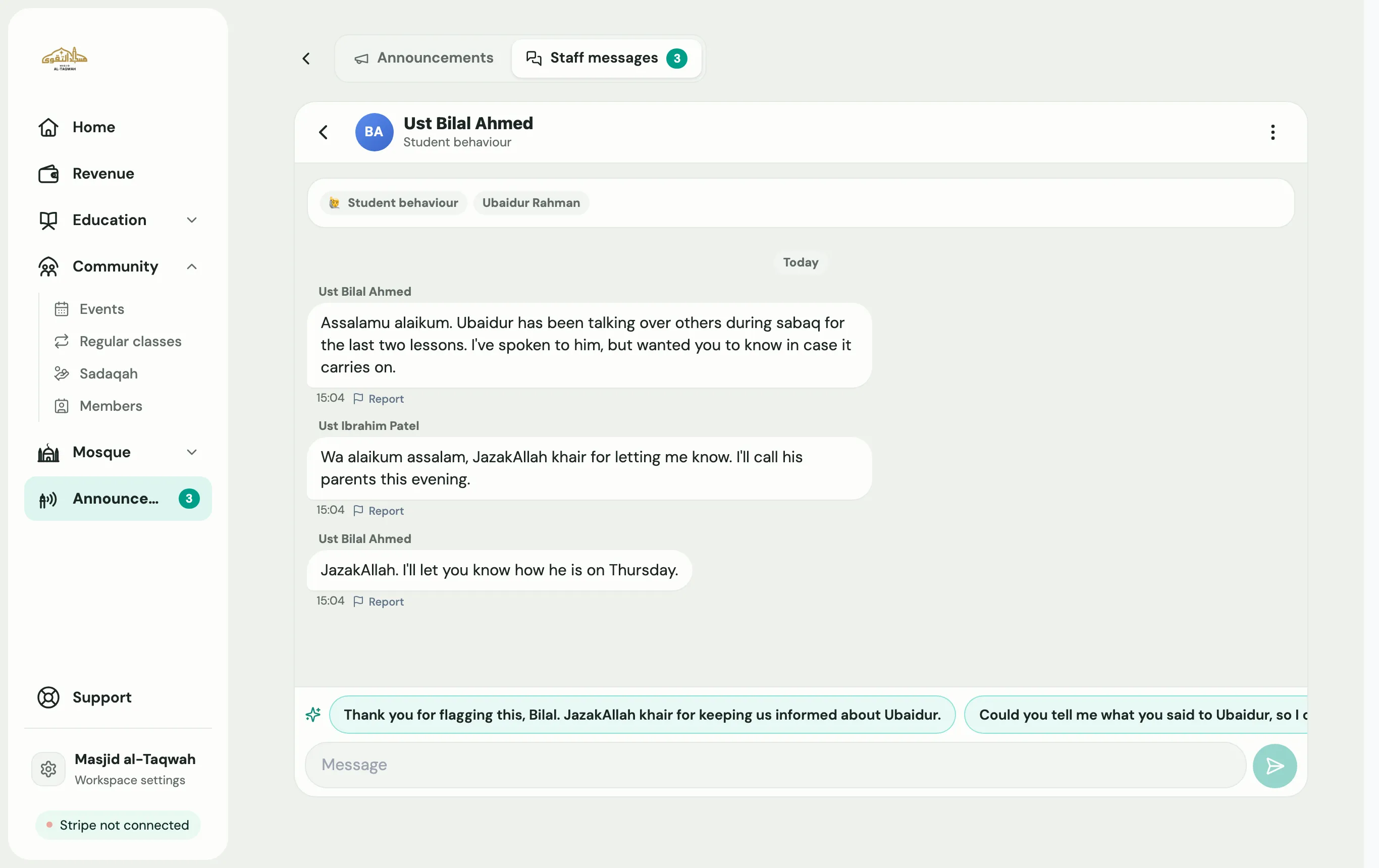 A conversation about a student's behaviour between a teacher and the head teacher, with suggested replies above the message box