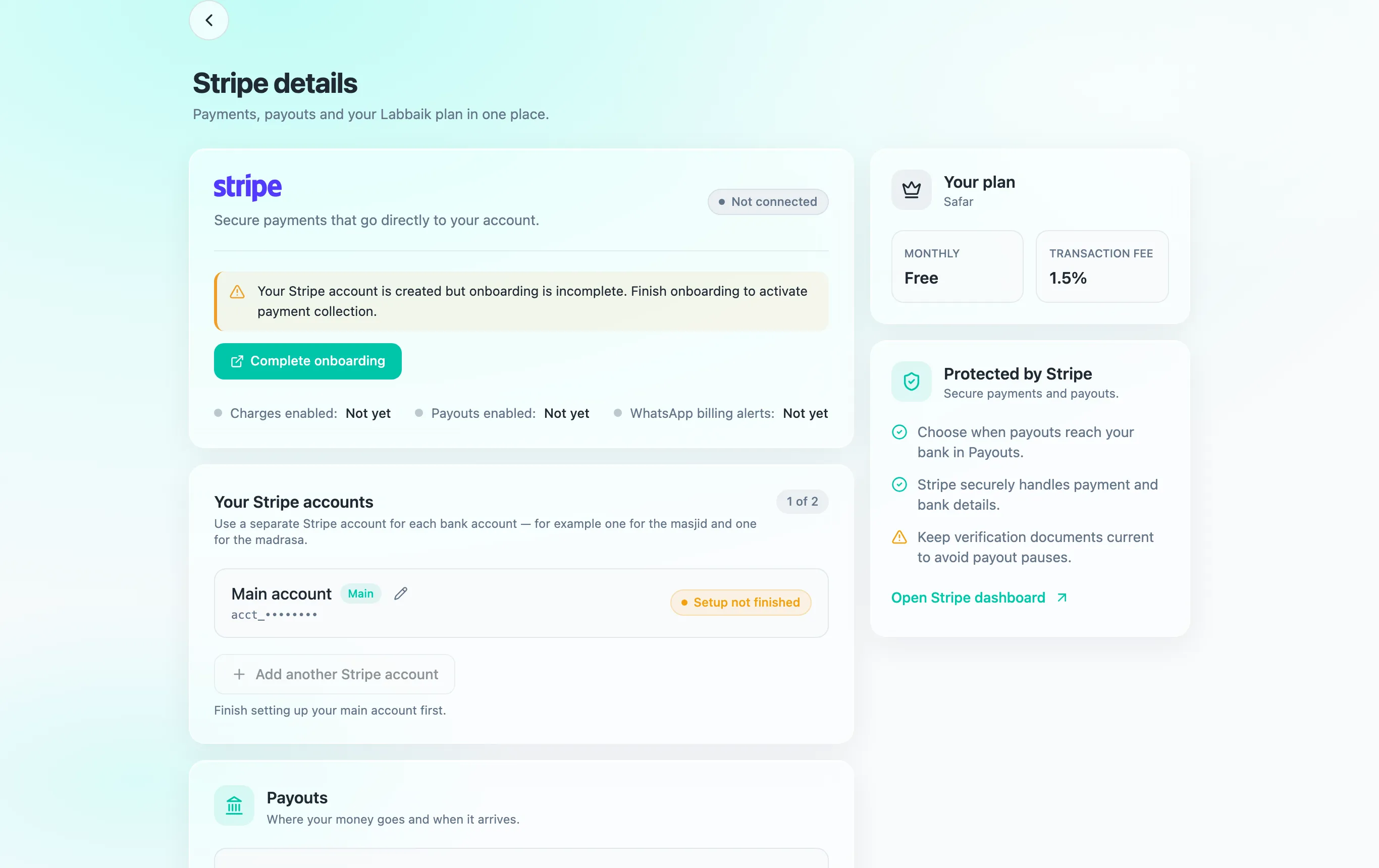 The Stripe details page under Account