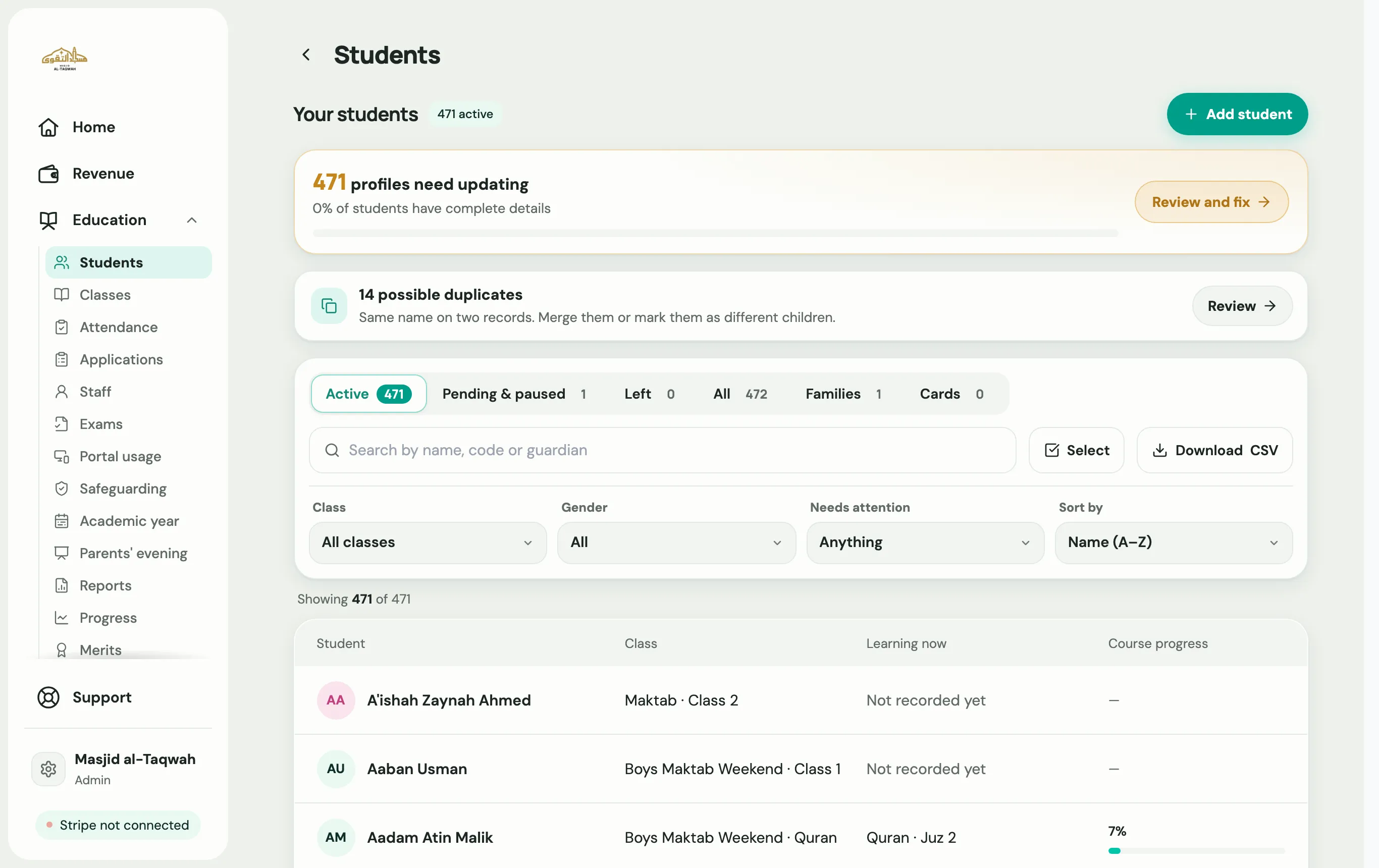 The Students page