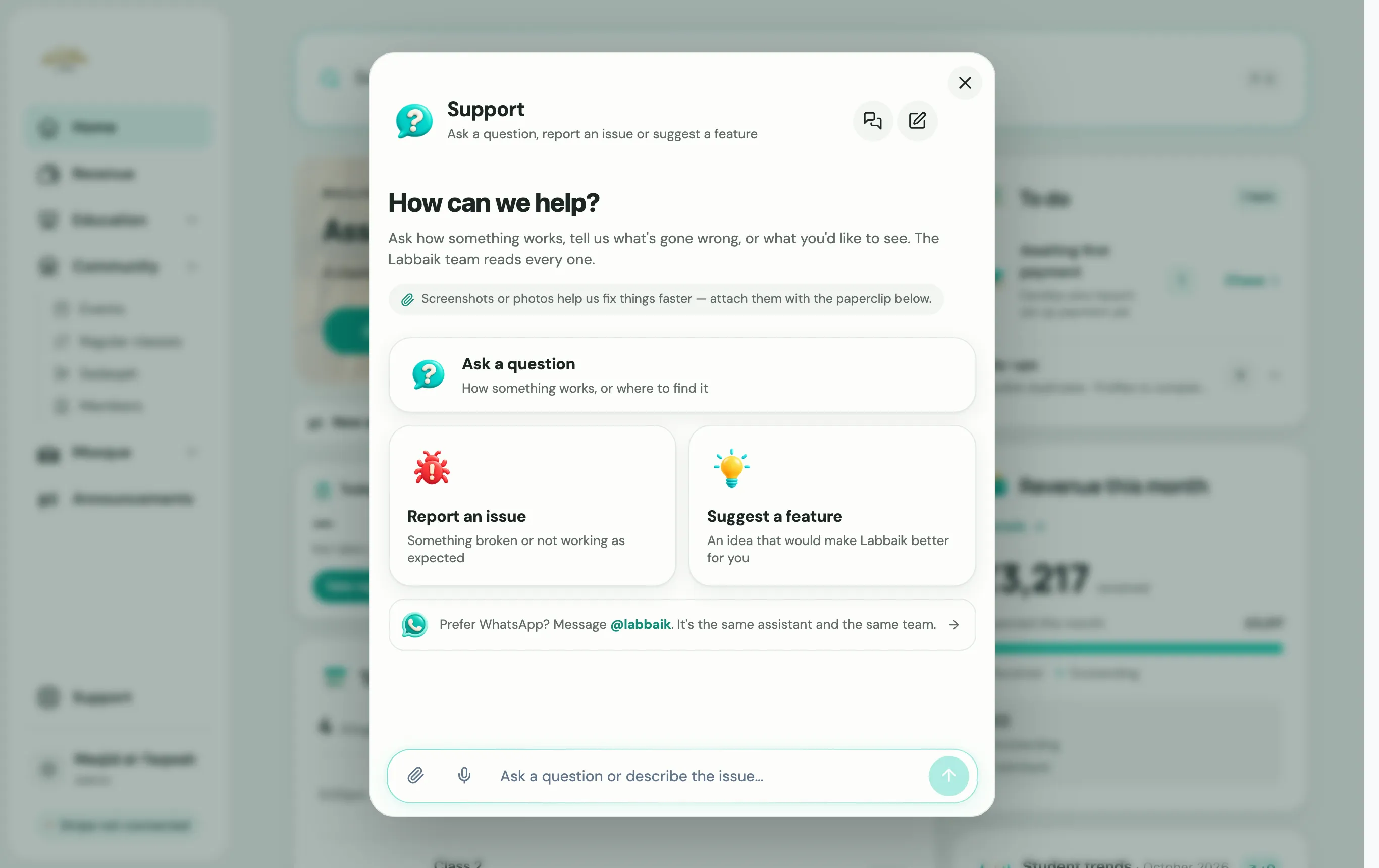 The Support window with options to ask a question, report an issue or suggest a feature