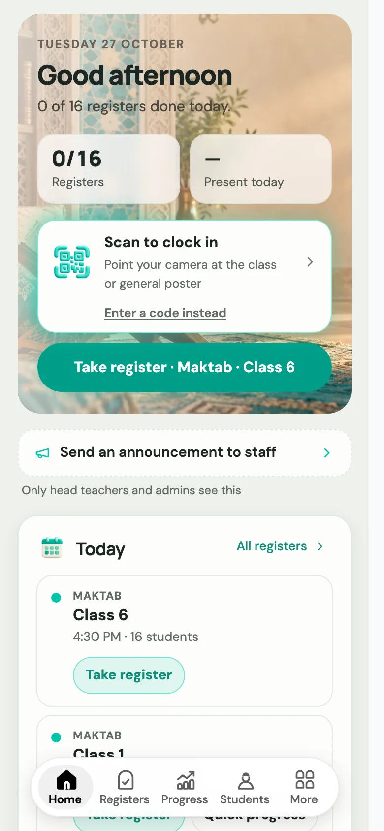 The teacher portal Home screen on a phone, with today's registers and classes