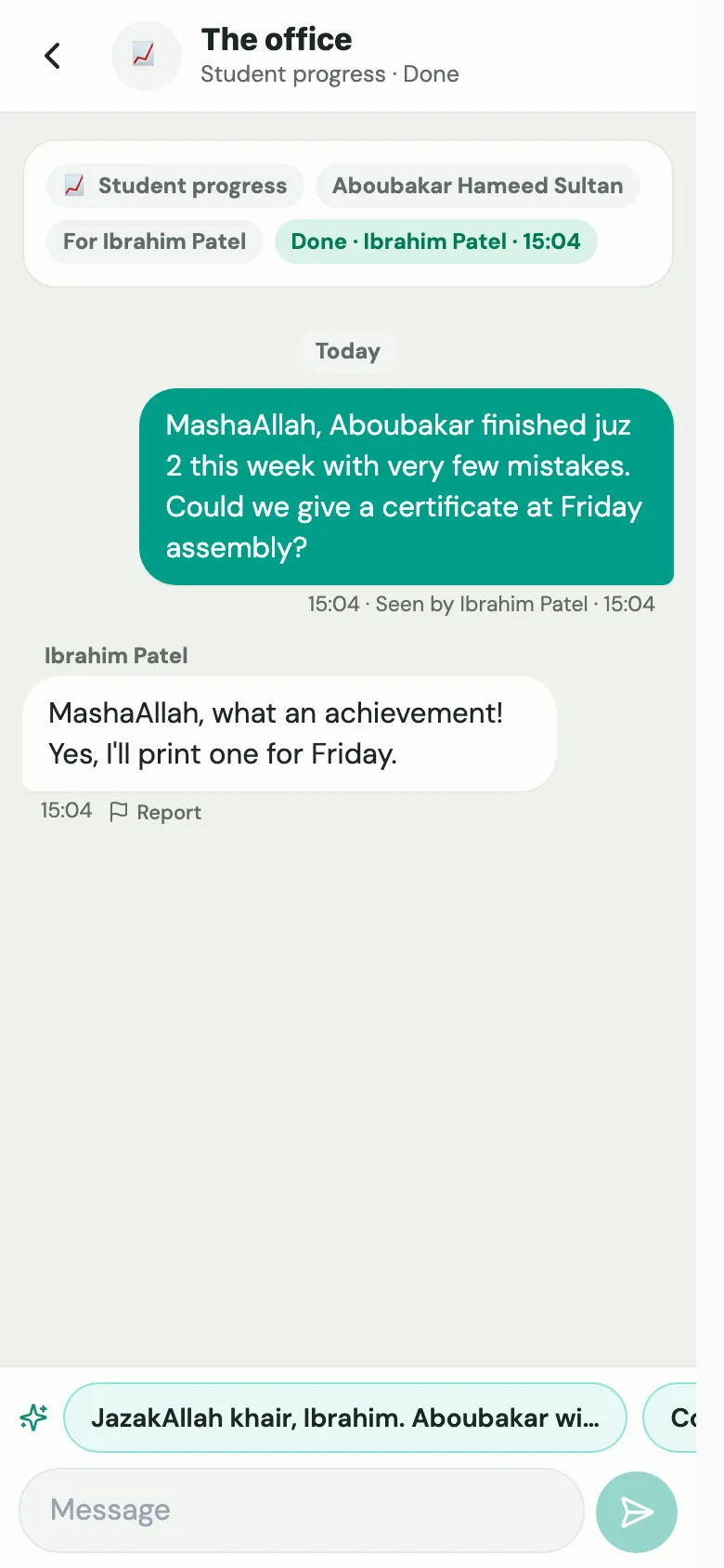 A teacher's view of a conversation with the office, showing Seen by Ibrahim Patel and Done