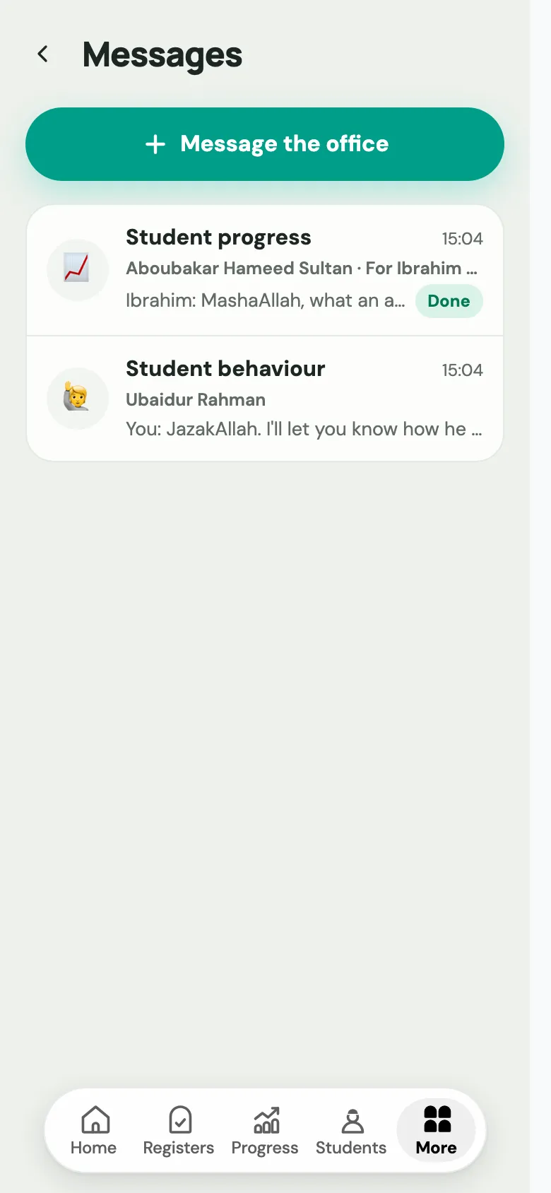 A teacher's Messages screen with the Message the office button and two conversations, one marked Done