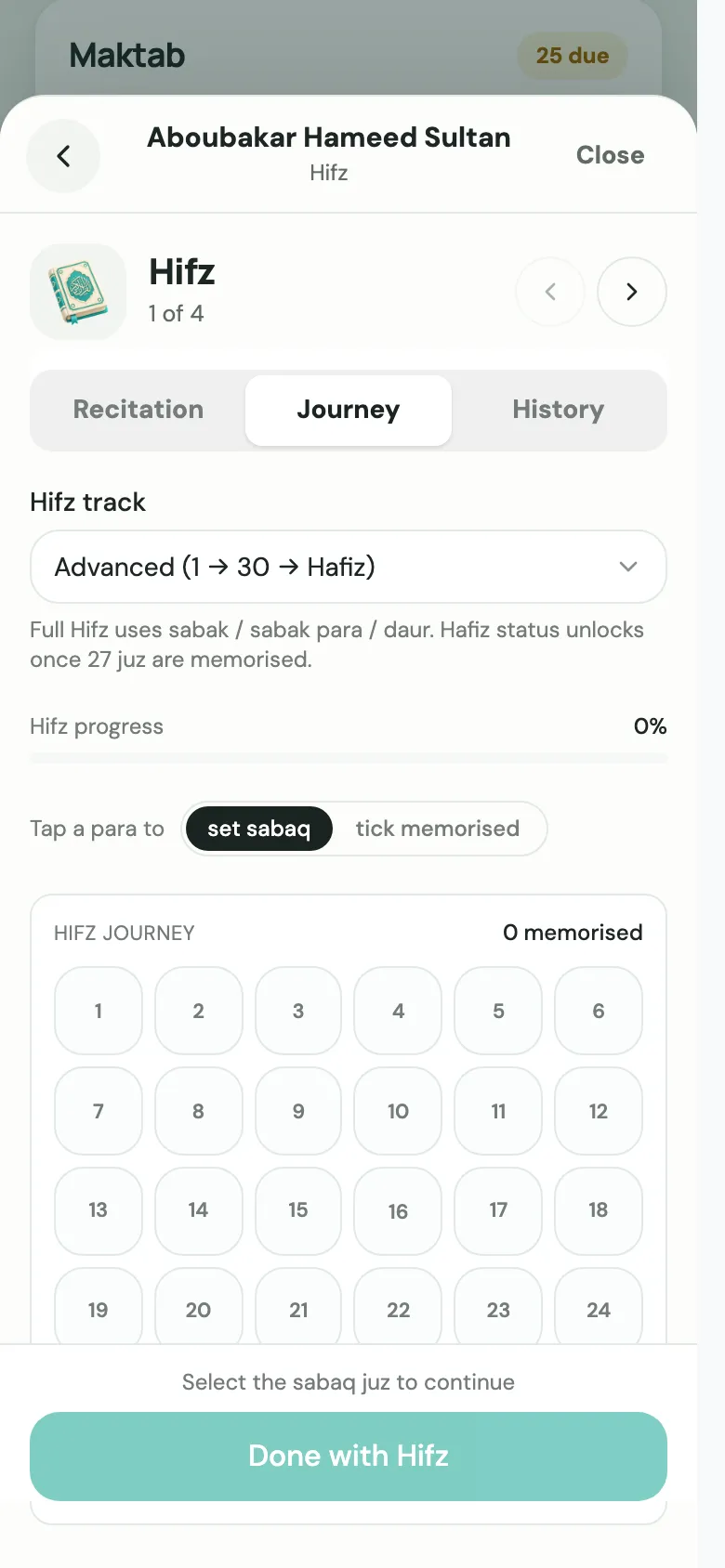 The Hifz Journey view, with the 30-para grid of memorised paras