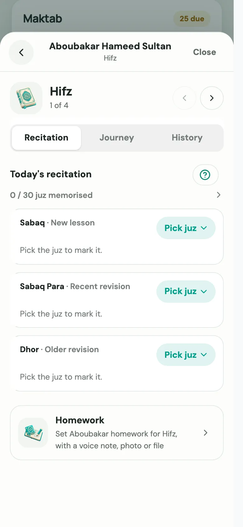 Today's recitation in the Hifz form, with sabaq, sabaq para and dhor rows