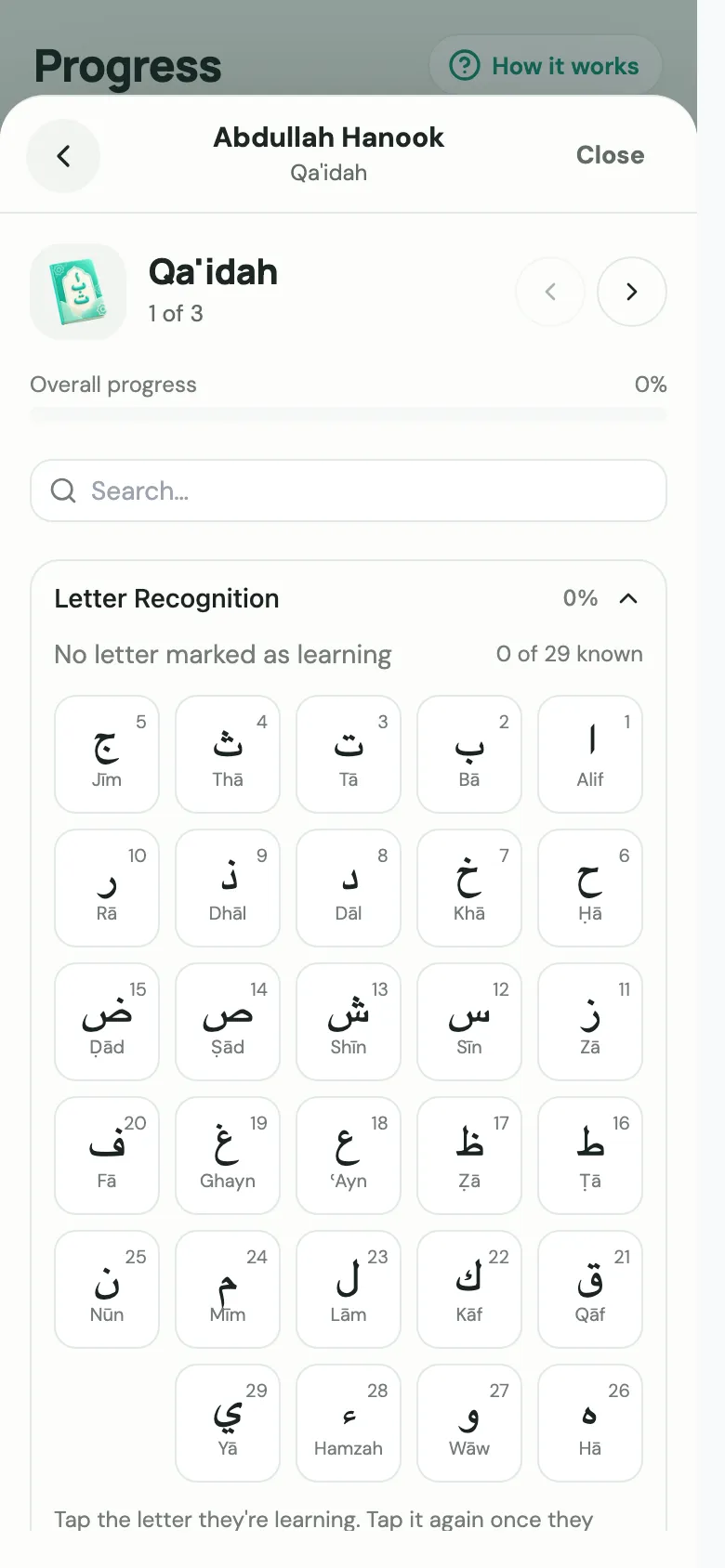 The Qa'idah tracker, with levels, overall progress and lesson grades