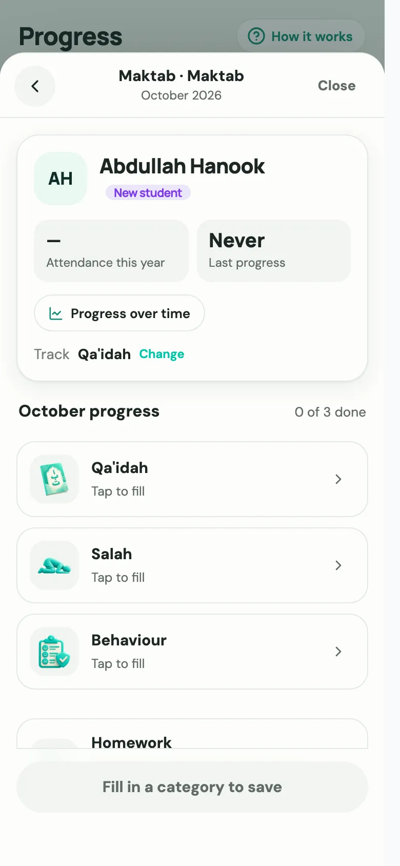 A student's progress sheet, with attendance, last progress, their track, and a tile for each subject