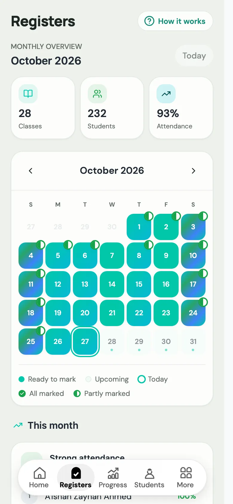 The Registers tab in the teacher app on a phone