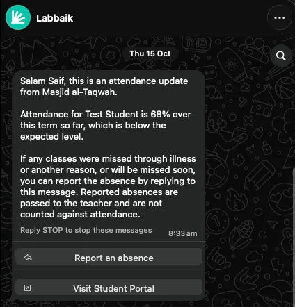 A WhatsApp attendance update showing 68% attendance, with Report an absence and Visit Student Portal buttons