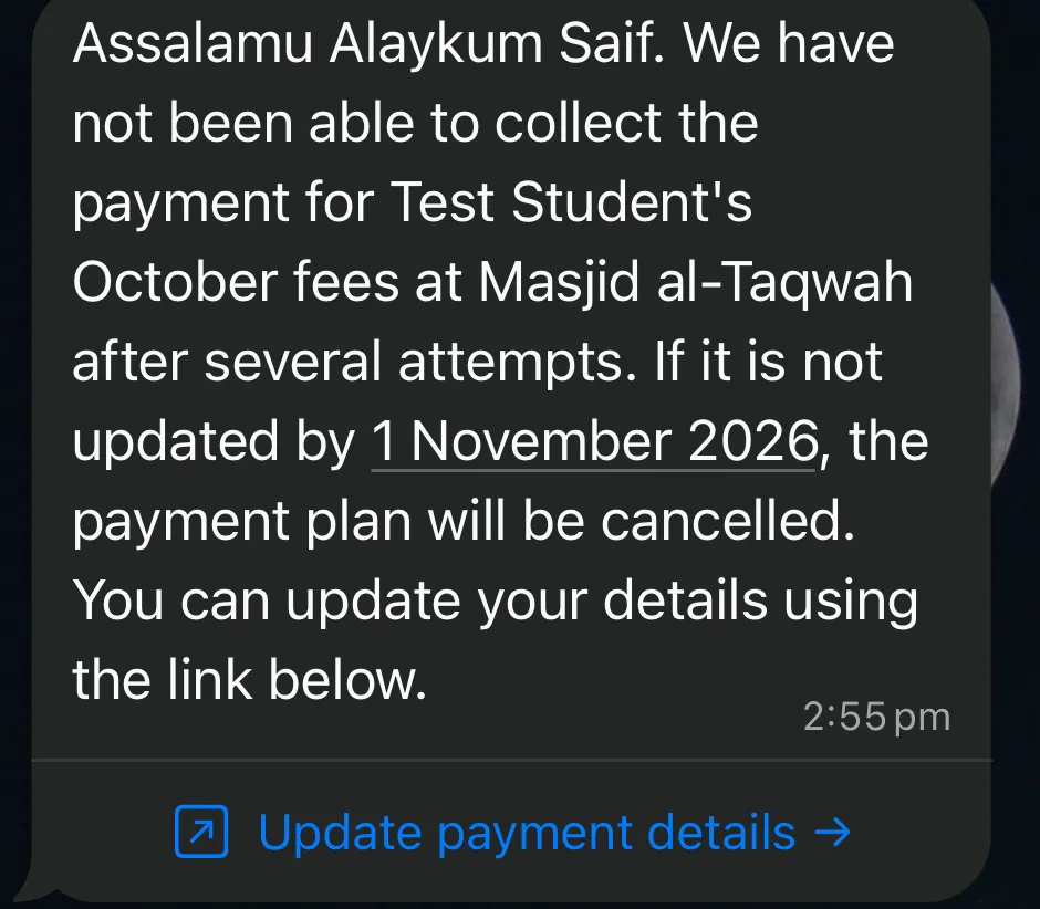 A WhatsApp final notice saying the payment plan will be cancelled on 1 November 2026 unless details are updated