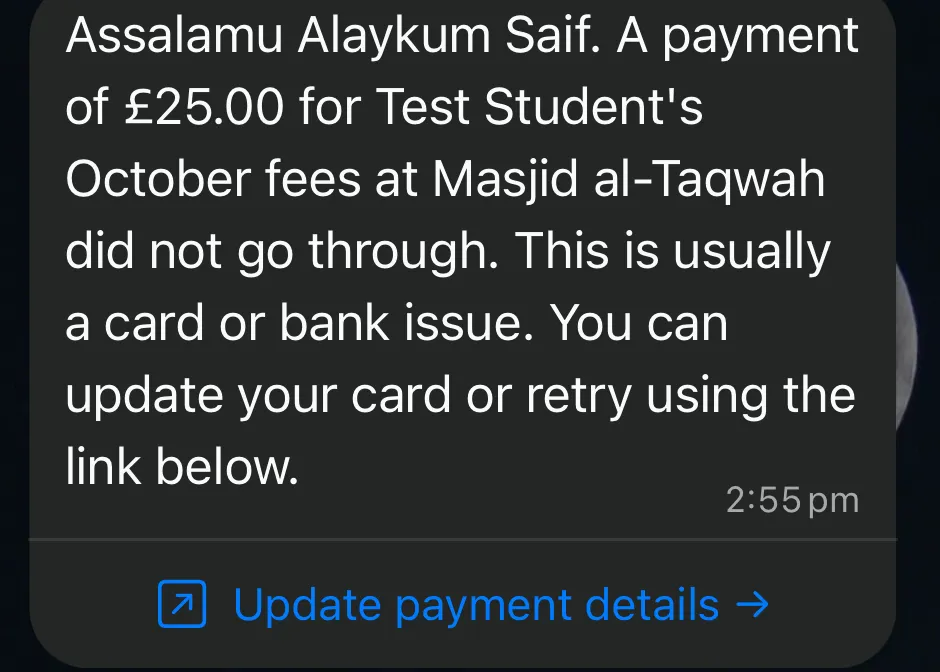 A WhatsApp message saying a £25.00 payment did not go through, with an Update payment details button