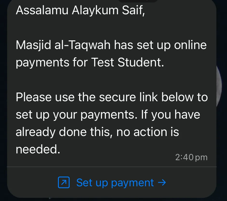 A WhatsApp message saying Masjid al-Taqwah has set up online payments, with a Set up payment button