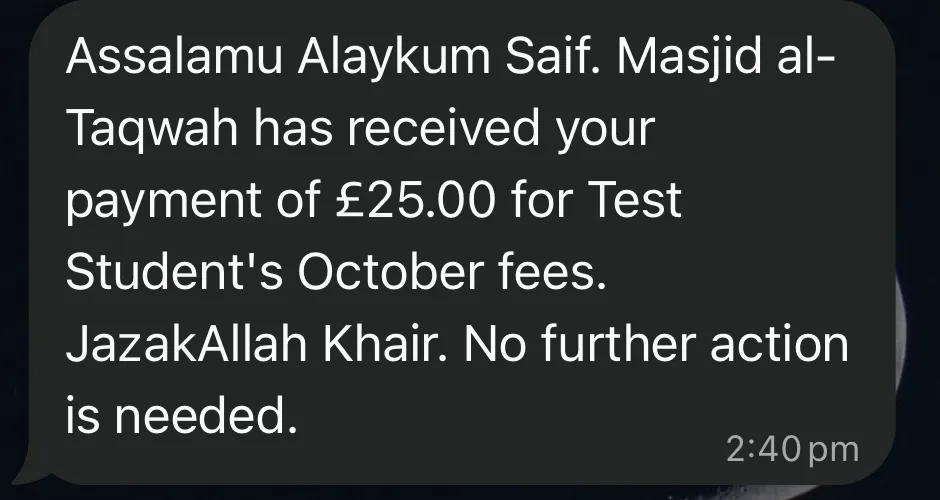 A WhatsApp thank-you message confirming a £25.00 payment was received