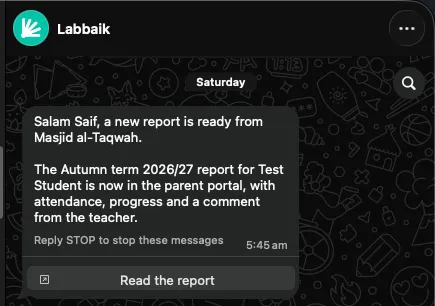 A WhatsApp message saying a new term report is ready, with a Read the report button